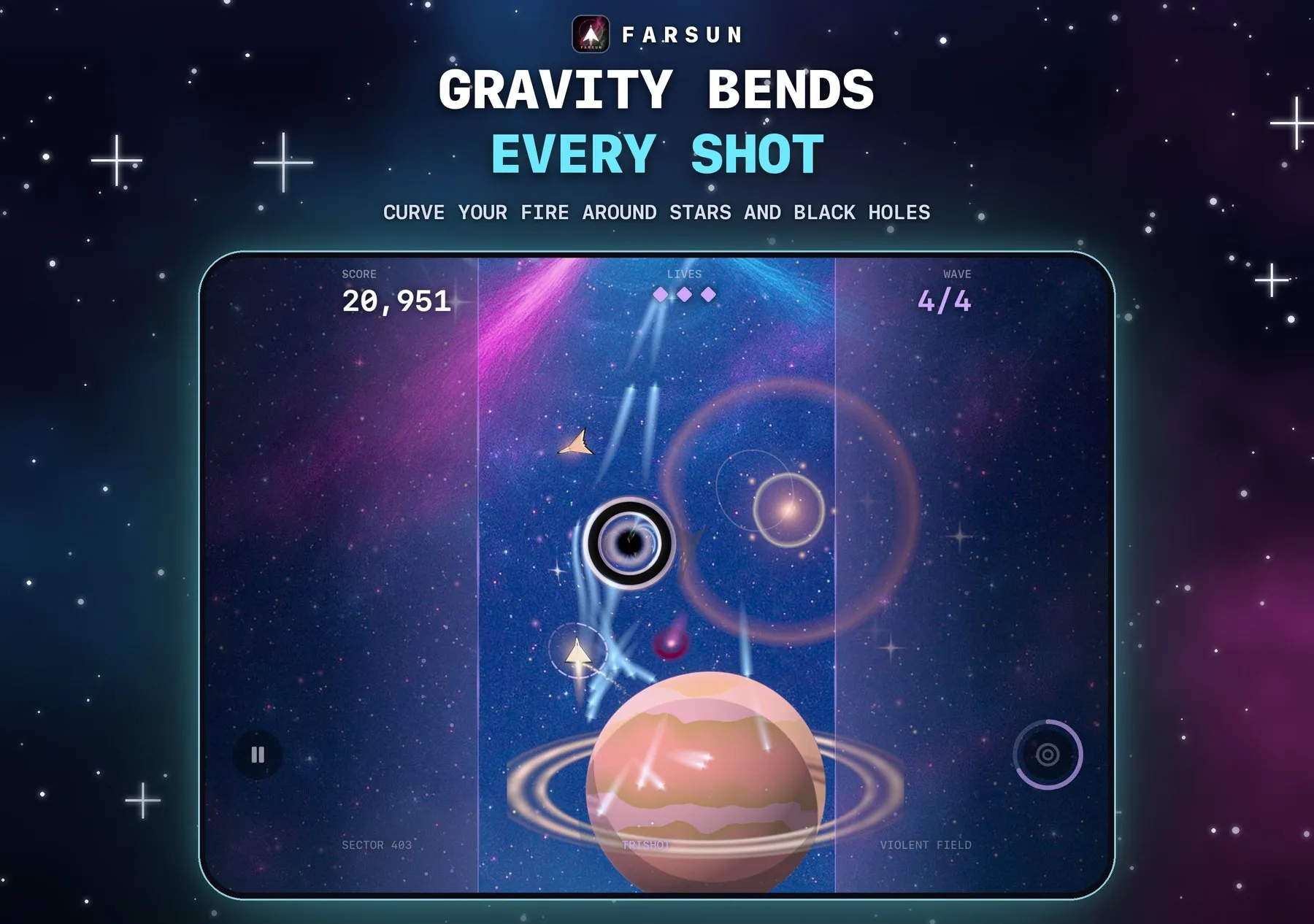 Farsun on an open iPhone Duo in landscape. The board stands in the middle of the screen between two glowing walls, with the score and wave count beside it and the pause and pulse buttons at the screen edges.