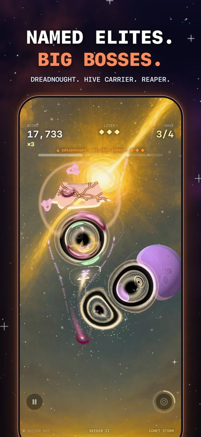 Named elites. Big bosses. Dreadnought, Hive Carrier, Reaper. In the capture, a Dreadnought with its hull breached looms over black holes and a violet planet.