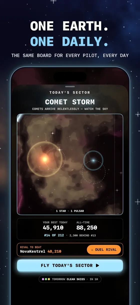 One Earth. One daily. The same board for every pilot, every day. Below the headline, today's sector in Farsun: Comet Storm.