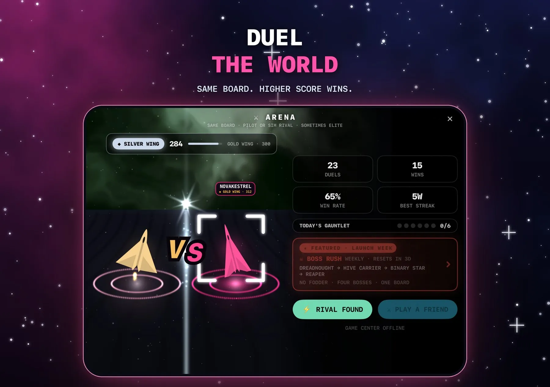 The Arena on an open iPhone Duo: two ships facing each other on their pads on the left, with duel stats, the daily gauntlet, Boss Rush and the duel buttons in a panel on the right.