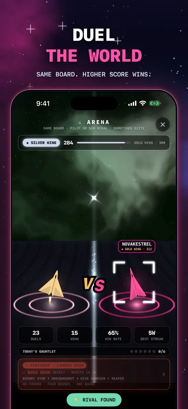 Duel the world. Same board, higher score wins. In the capture, the Arena locks on to a rival pilot, your ship facing theirs.