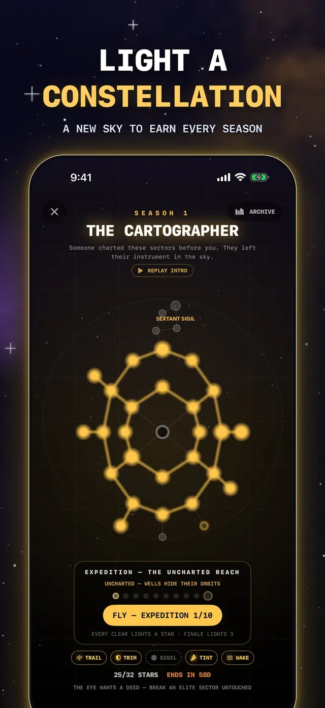 Light a constellation. A new sky to earn every season. In the capture, Season 1, The Cartographer: a gold astrolabe with 25 of its 32 stars lit, above the Uncharted Reach expedition.
