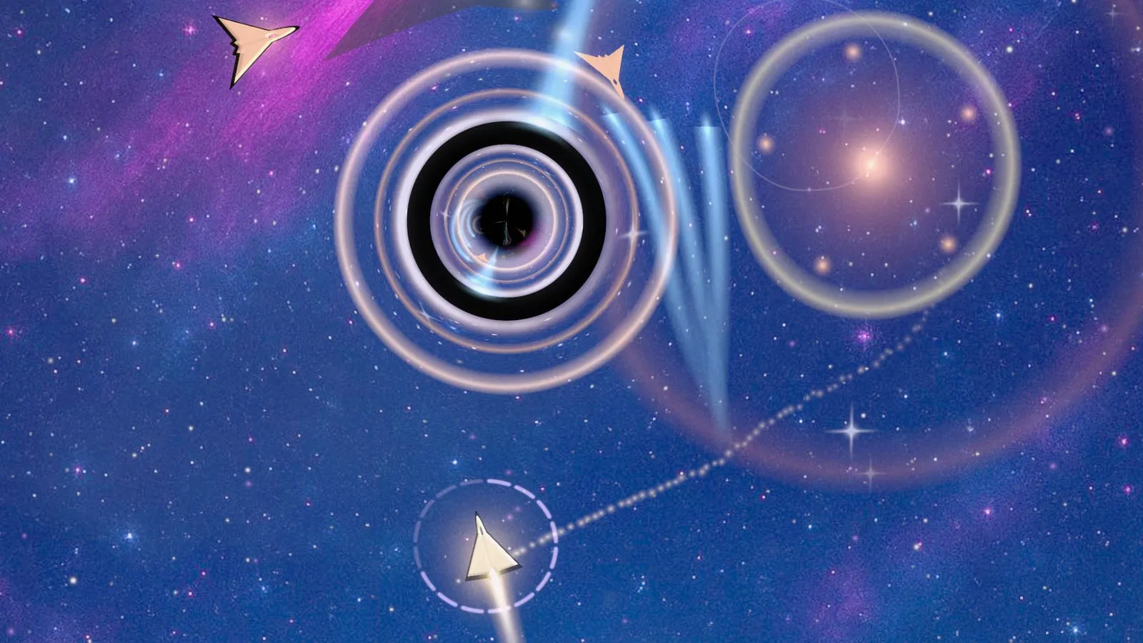 A pale delta-wing ship trailing a ribbon of light past a black hole and a ringed star: the First Light trail
